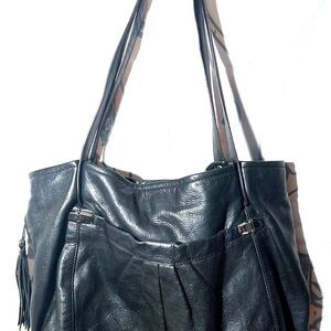 B Makowsky Black Leather Hobo Bag with Fringe Side Zips - EUC
